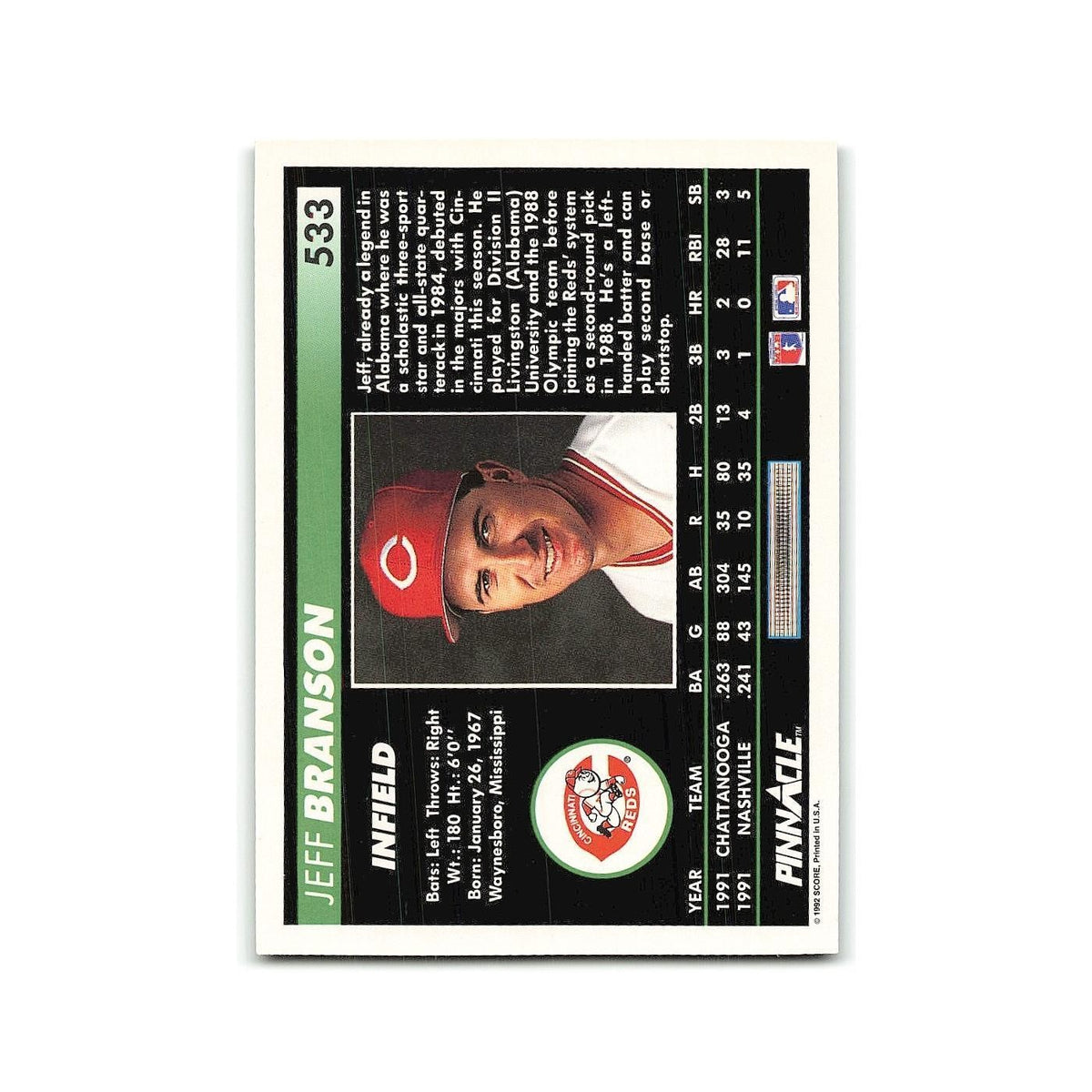 Jeff Branson Rookie 1992 Pinnacle #533 Cincinnati Reds Baseball Card NM