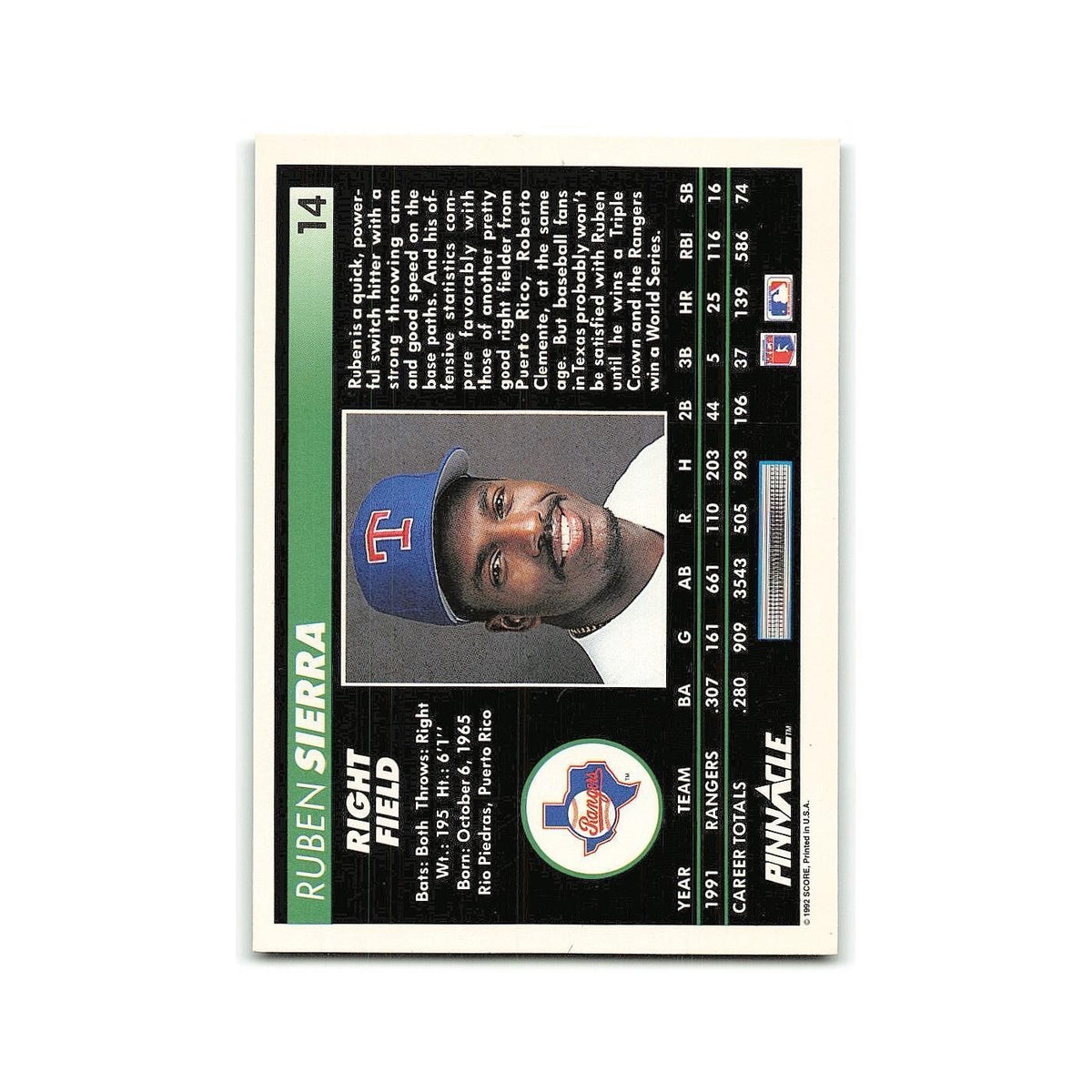 Ruben Sierra 1992 Pinnacle #14 Texas Rangers Baseball Card NM
