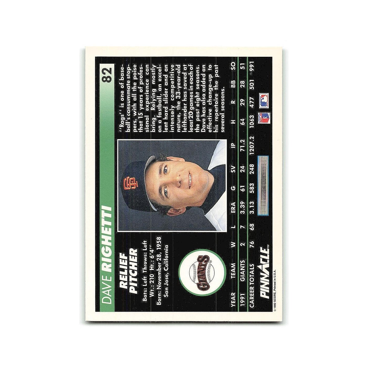 Dave Righetti 1992 Pinnacle #82 San Francisco Giants Baseball Card NM