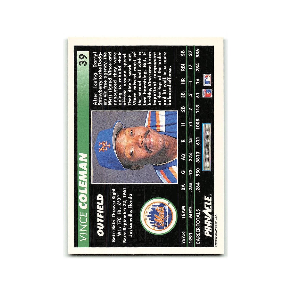 Vince Coleman 1992 Pinnacle #39 New York Mets Baseball Card NM
