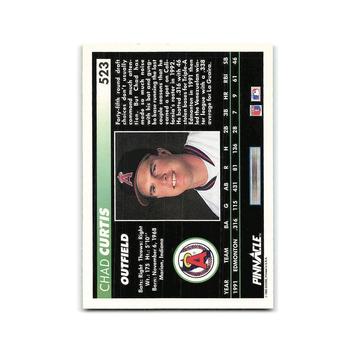 Chad Curtis Rookie 1992 Pinnacle #523 California Angels Baseball Card NM