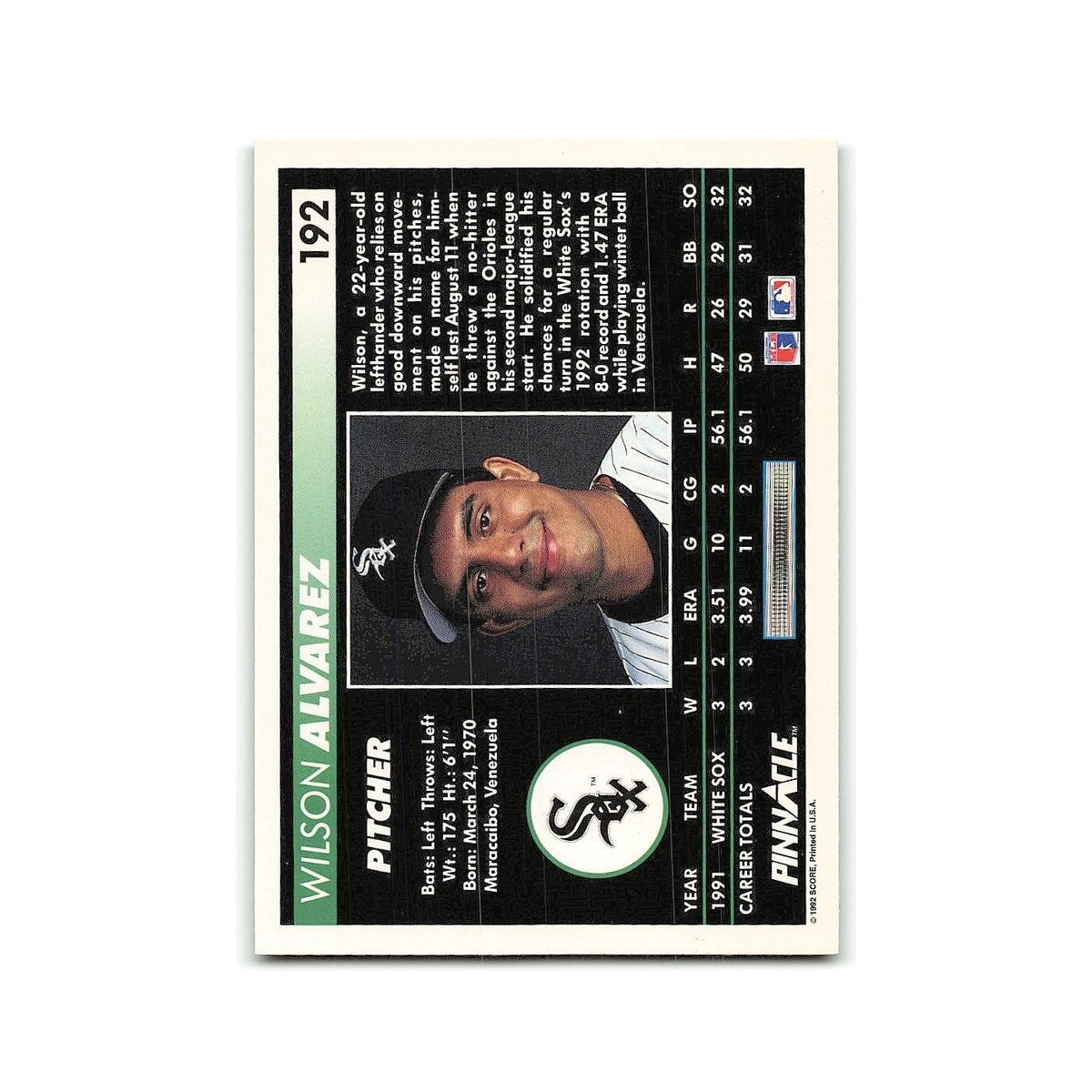 Wilson Alvarez 1992 Pinnacle #192 Chicago White Sox Baseball Card NM