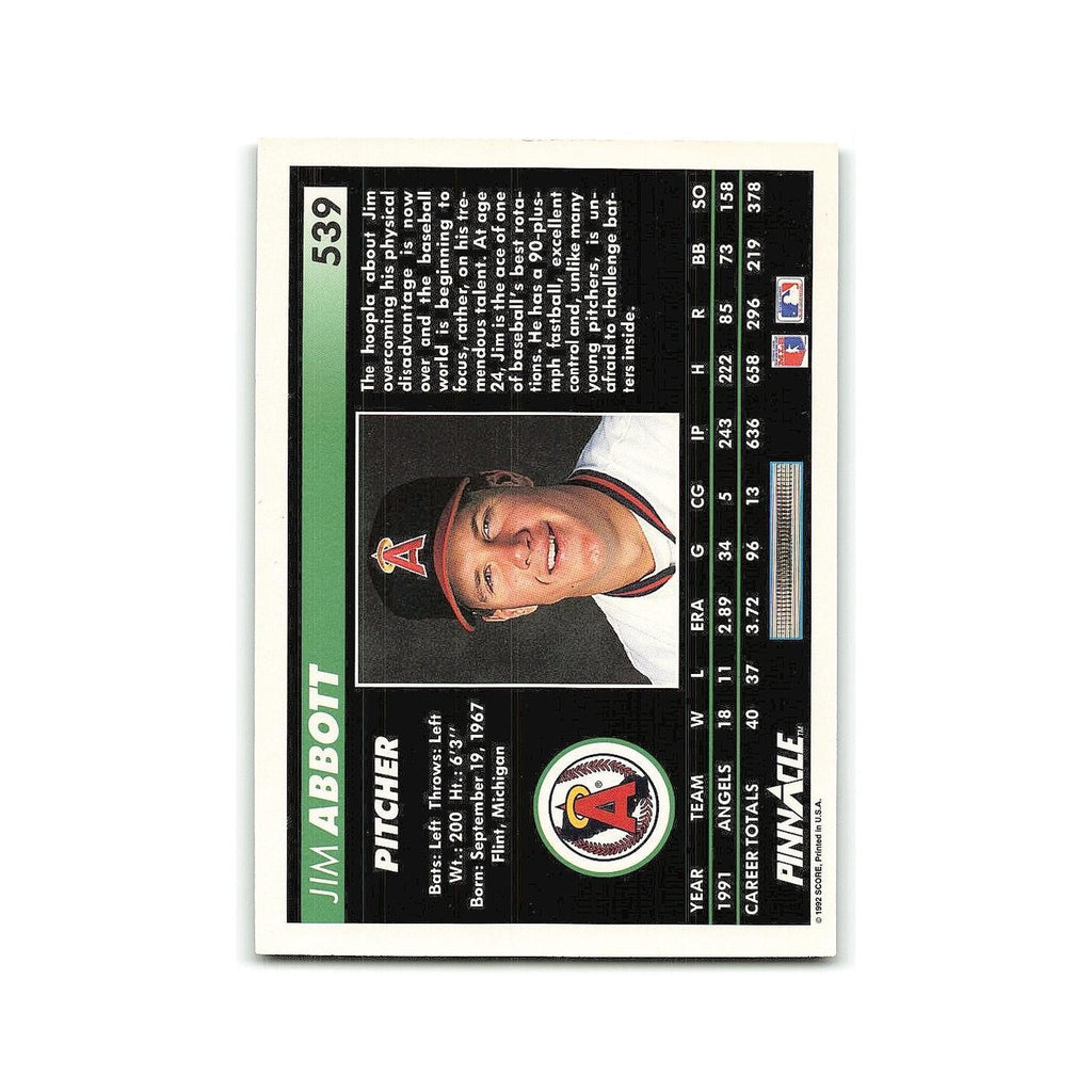 Jim Abbott 1992 Pinnacle #539 California Angels Baseball Card NM