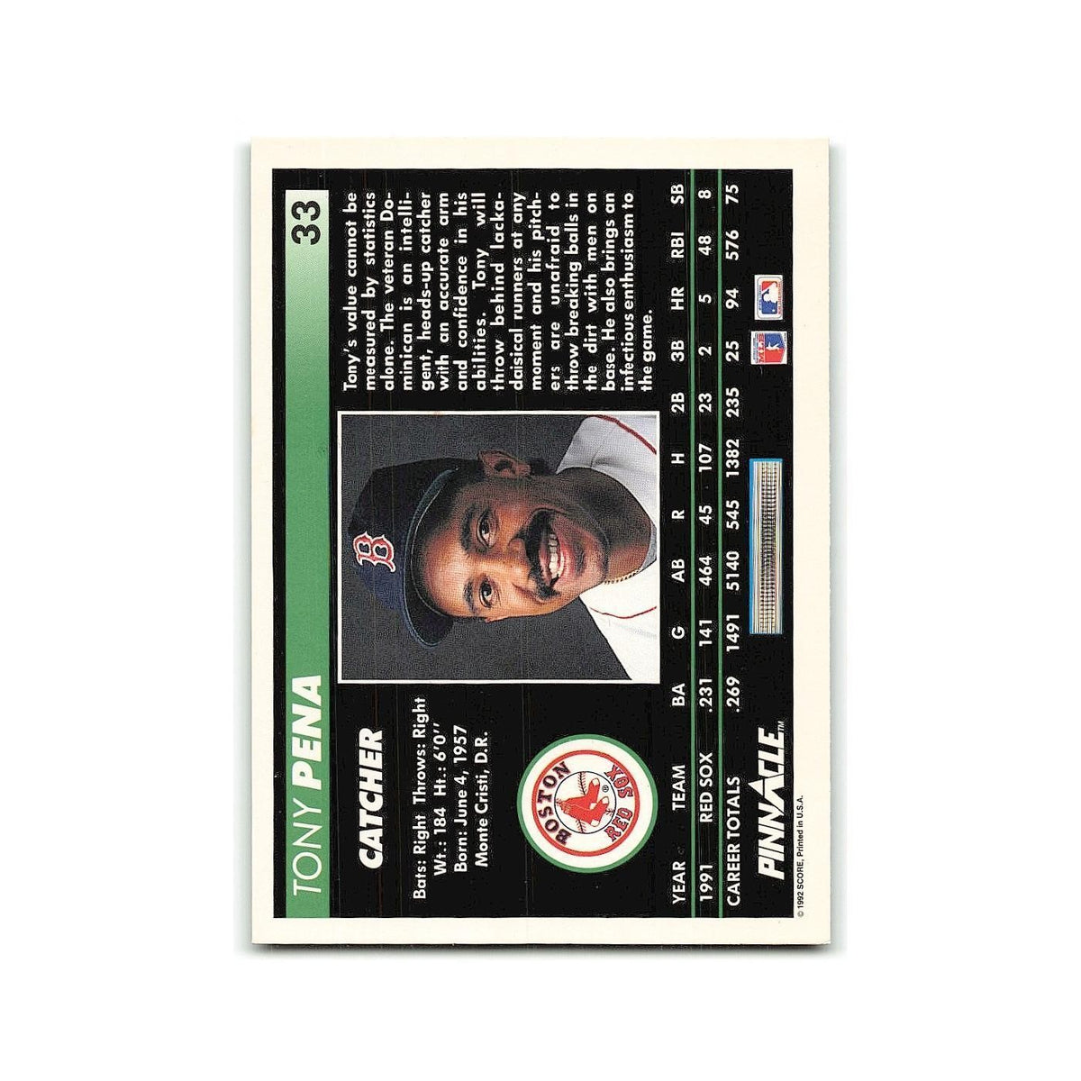 Tony Pena 1992 Pinnacle #33 Boston Red Sox Baseball Card NM