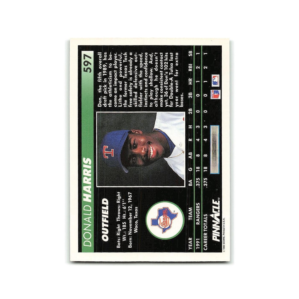 Donald Harris Rookie 1992 Pinnacle #597 Texas Rangers Baseball Card NM
