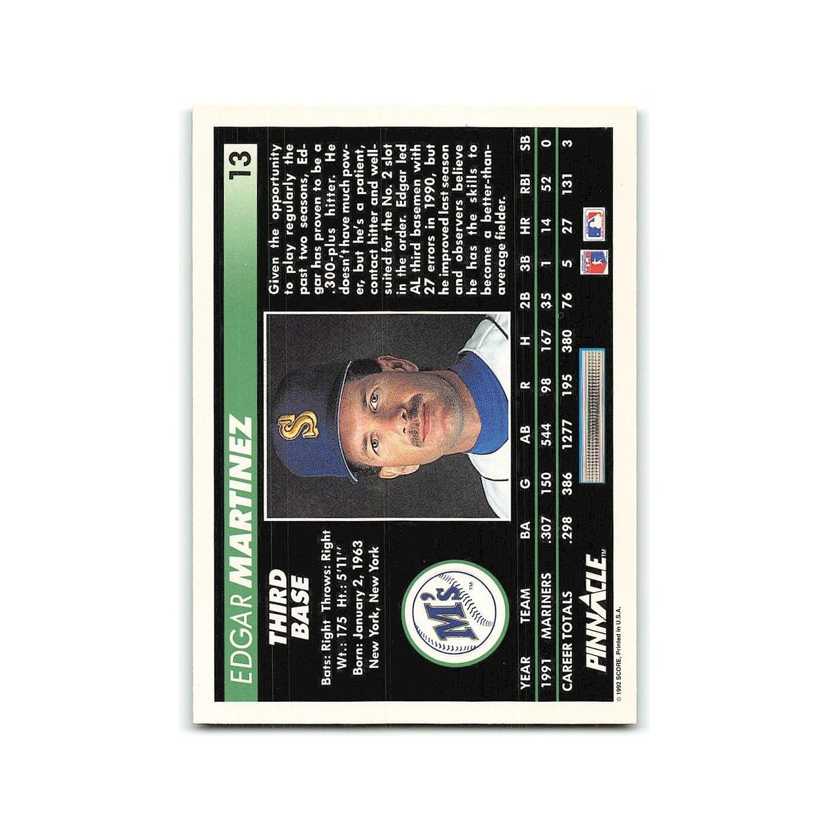 Edgar Martinez 1992 Pinnacle #13 Seattle Mariners Baseball Card NM