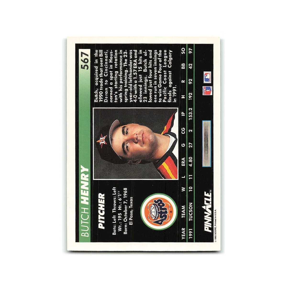 Butch Henry Rookie 1992 Pinnacle #567 Houston Astros Baseball Card NM