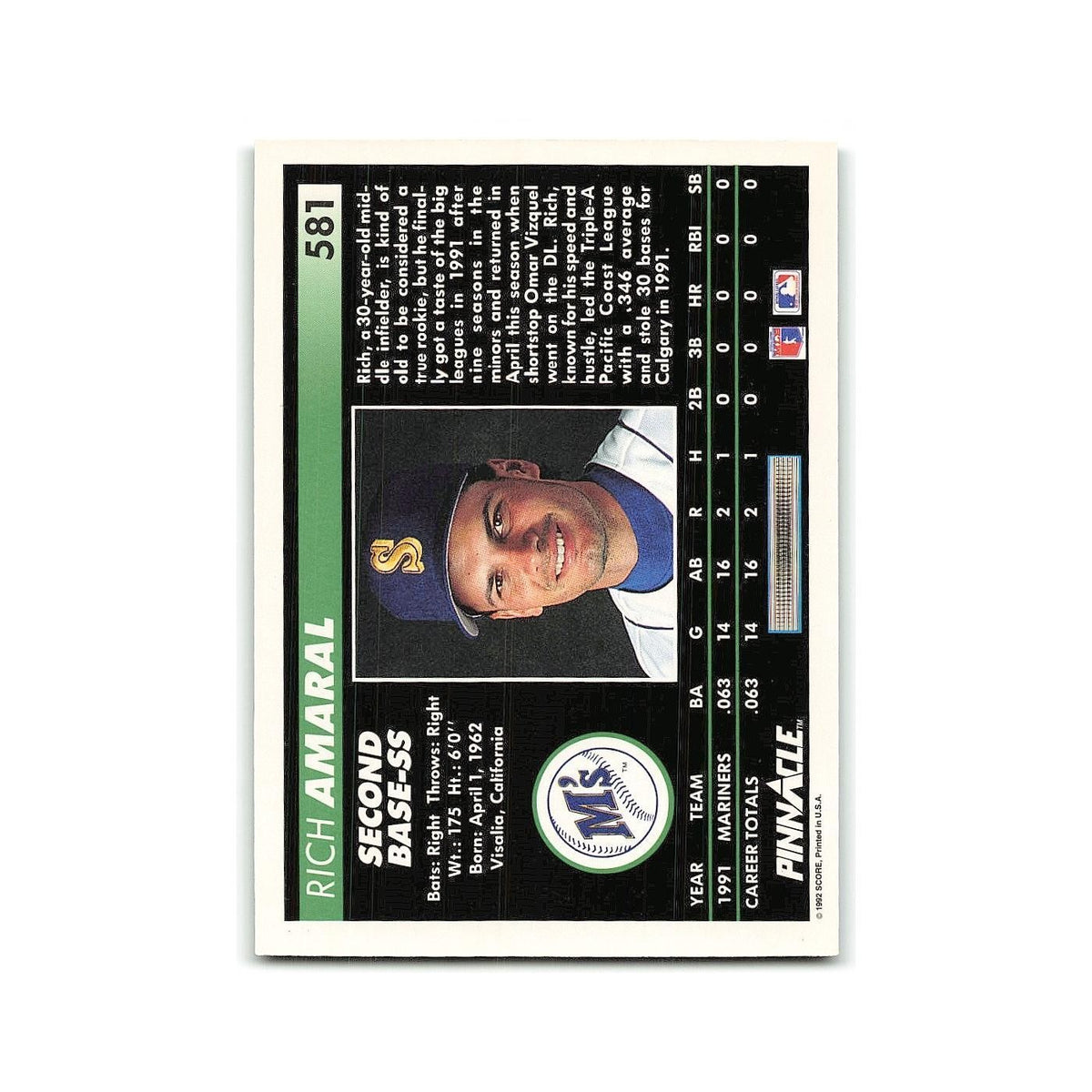 Rich Amaral Rookie 1992 Pinnacle #581 Seattle Mariners Baseball Card NM