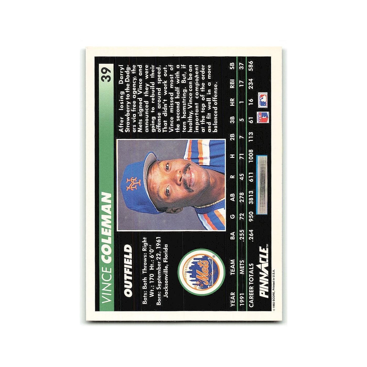Vince Coleman 1992 Pinnacle #39 New York Mets Baseball Card NM