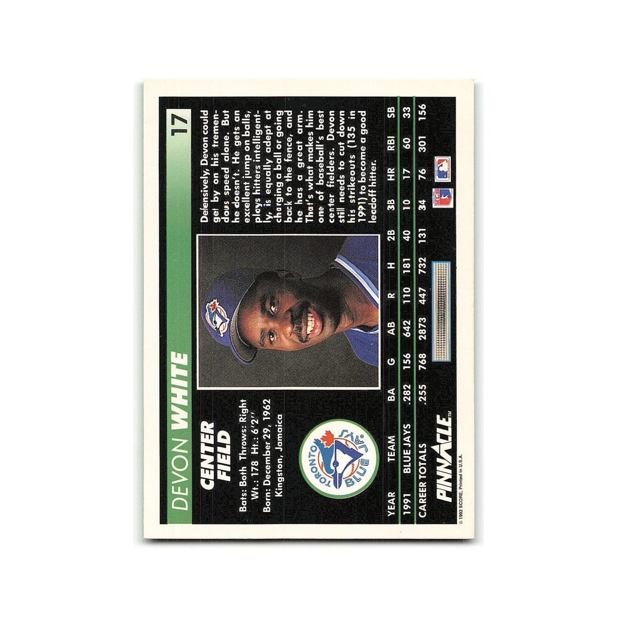 Devon White 1992 Pinnacle #17 Toronto Blue Jays Baseball Card NM