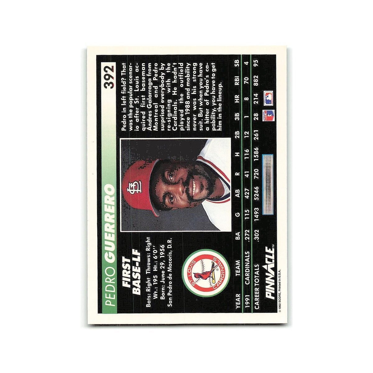 Pedro Guerrero 1992 Pinnacle #392 St. Louis Cardinals Baseball Card NM