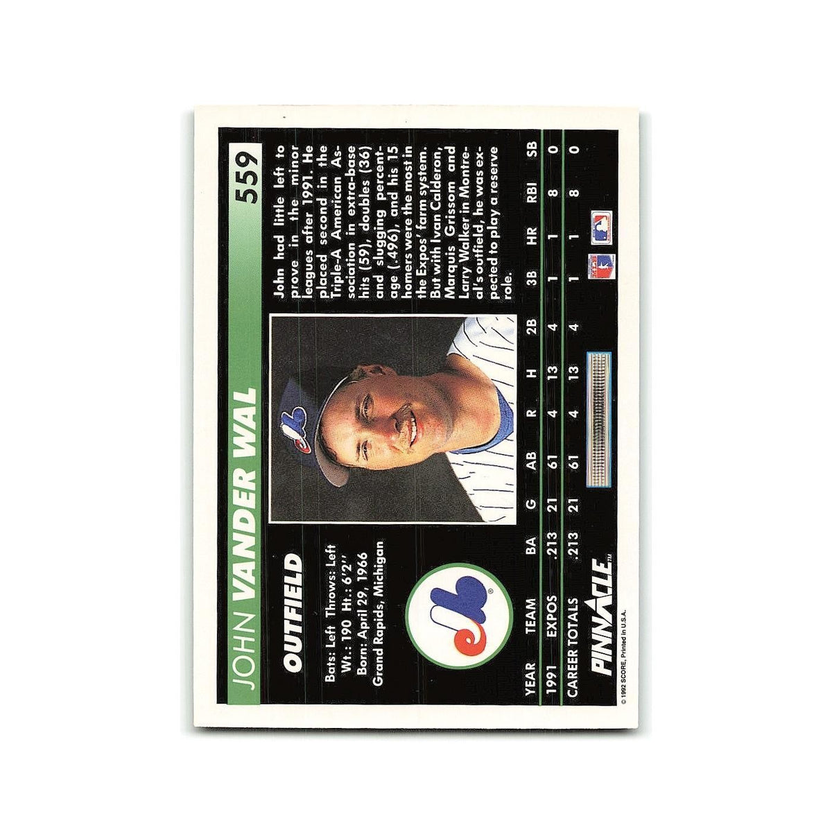 John Vander Wal Rookie 1992 Pinnacle #559 Montreal Expos Baseball Card NM