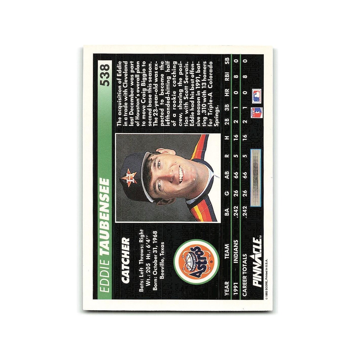 Eddie Taubensee Rookie 1992 Pinnacle #538 Houston Astros Baseball Card NM