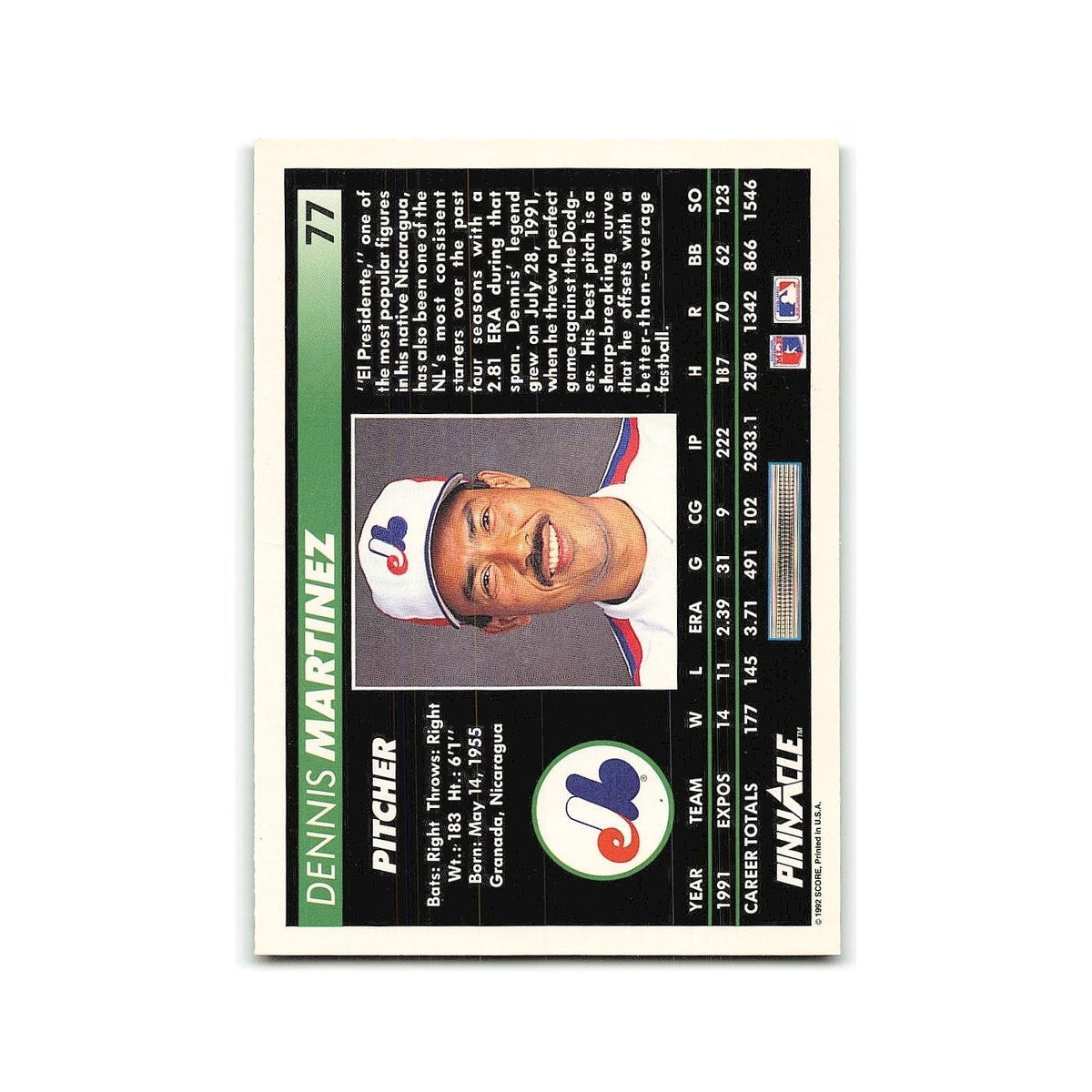 Dennis Martinez 1992 Pinnacle #77 Montreal Expos Baseball Card NM