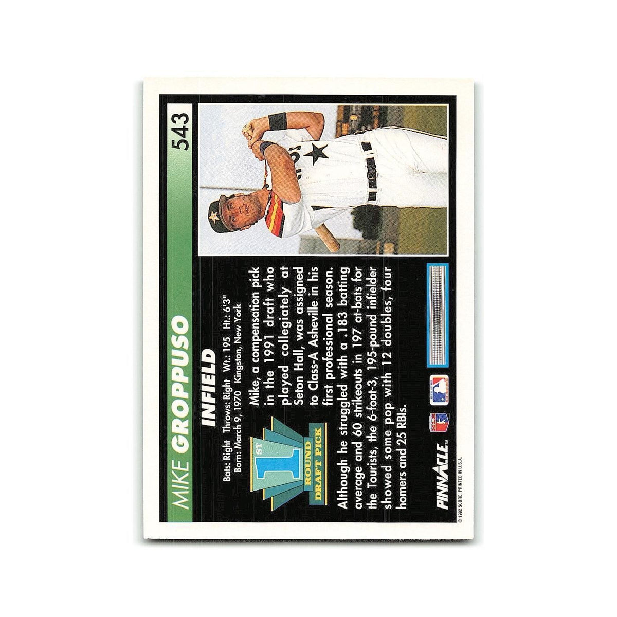 Mike Groppuso Rookie 1992 Pinnacle #543 Houston Astros Baseball Card NM