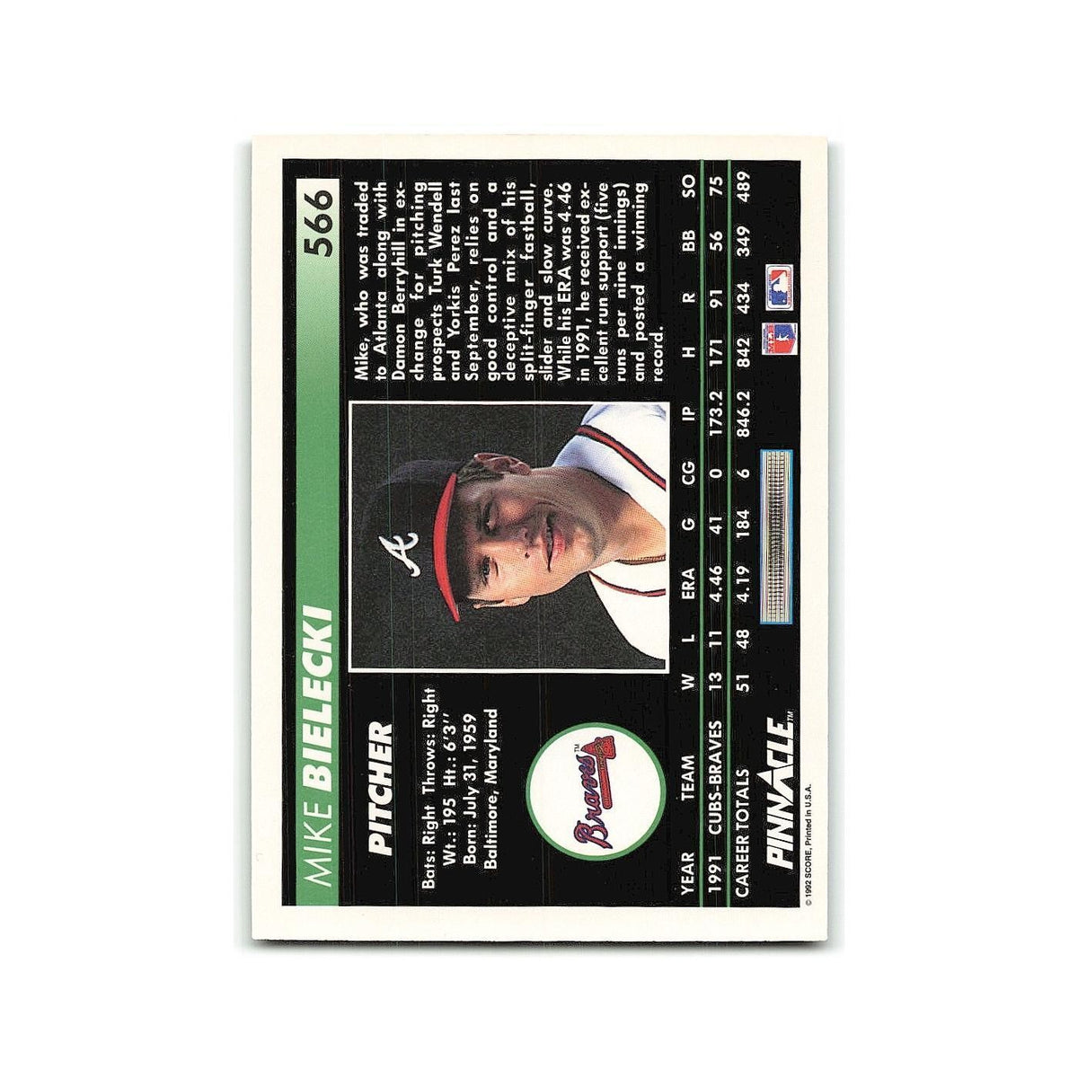 Mike Bielecki Rookie 1992 Pinnacle #566 Atlanta Braves Baseball Card NM