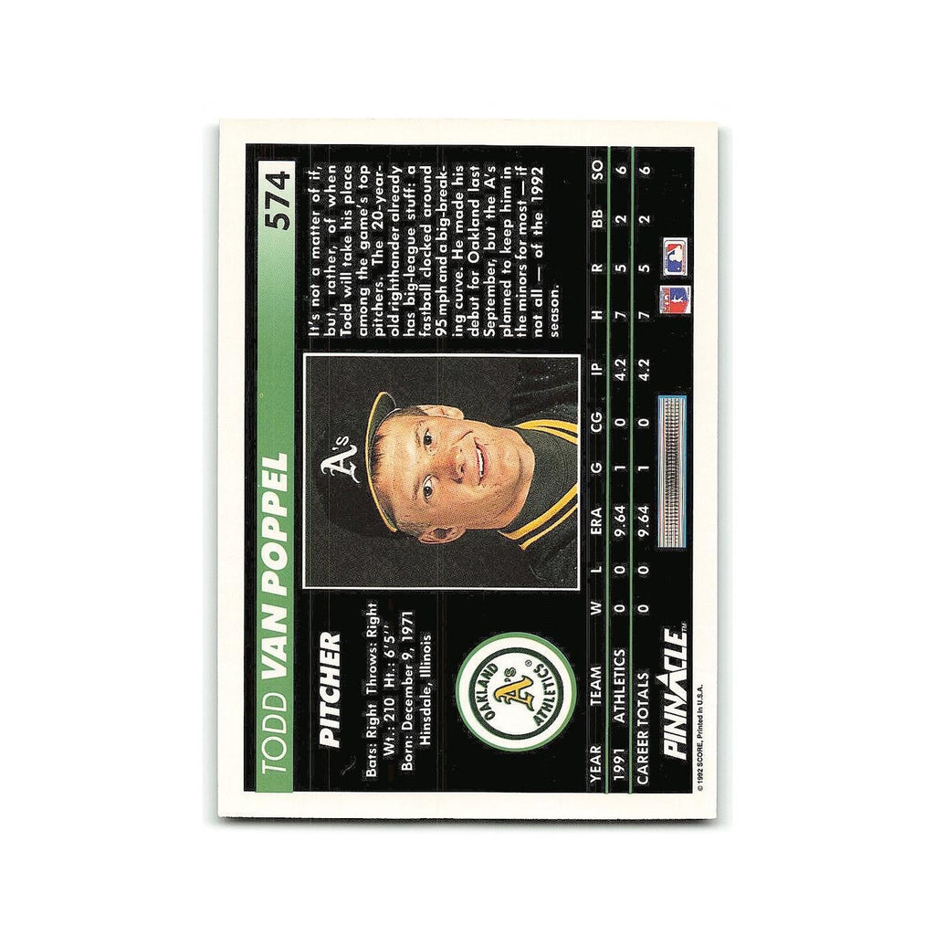 Todd Van Poppel Rookie 1992 Pinnacle #574 Oakland Athletics Baseball Card NM