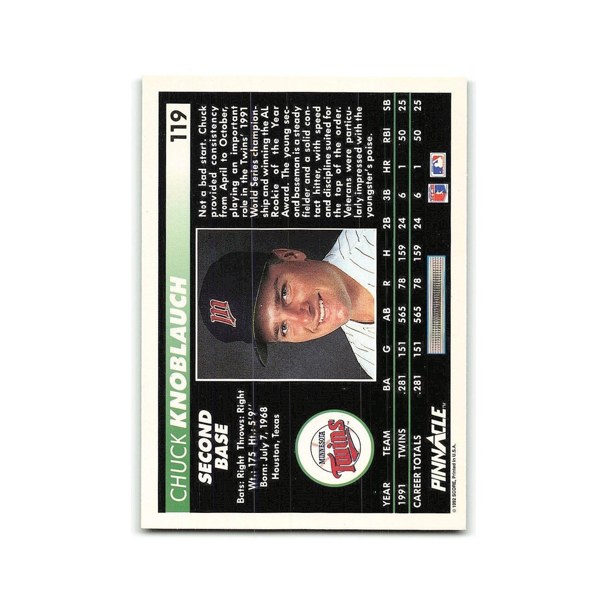 Chuck Knoblauch 1992 Pinnacle #119 Minnesota Twins Baseball Card NM