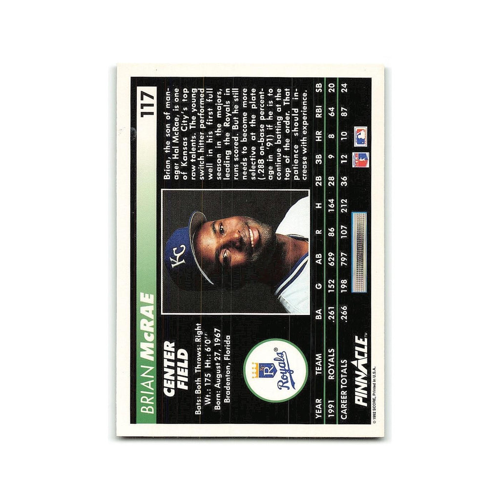 Brian McRae 1992 Pinnacle #117 Kansas City Royals Baseball Card NM