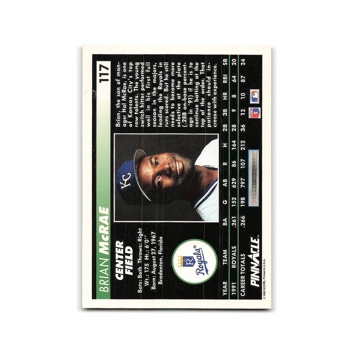 Brian McRae 1992 Pinnacle #117 Kansas City Royals Baseball Card NM