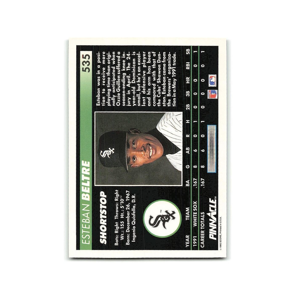 Esteban Beltre Rookie 1992 Pinnacle #535 Chicago White Sox Baseball Card NM