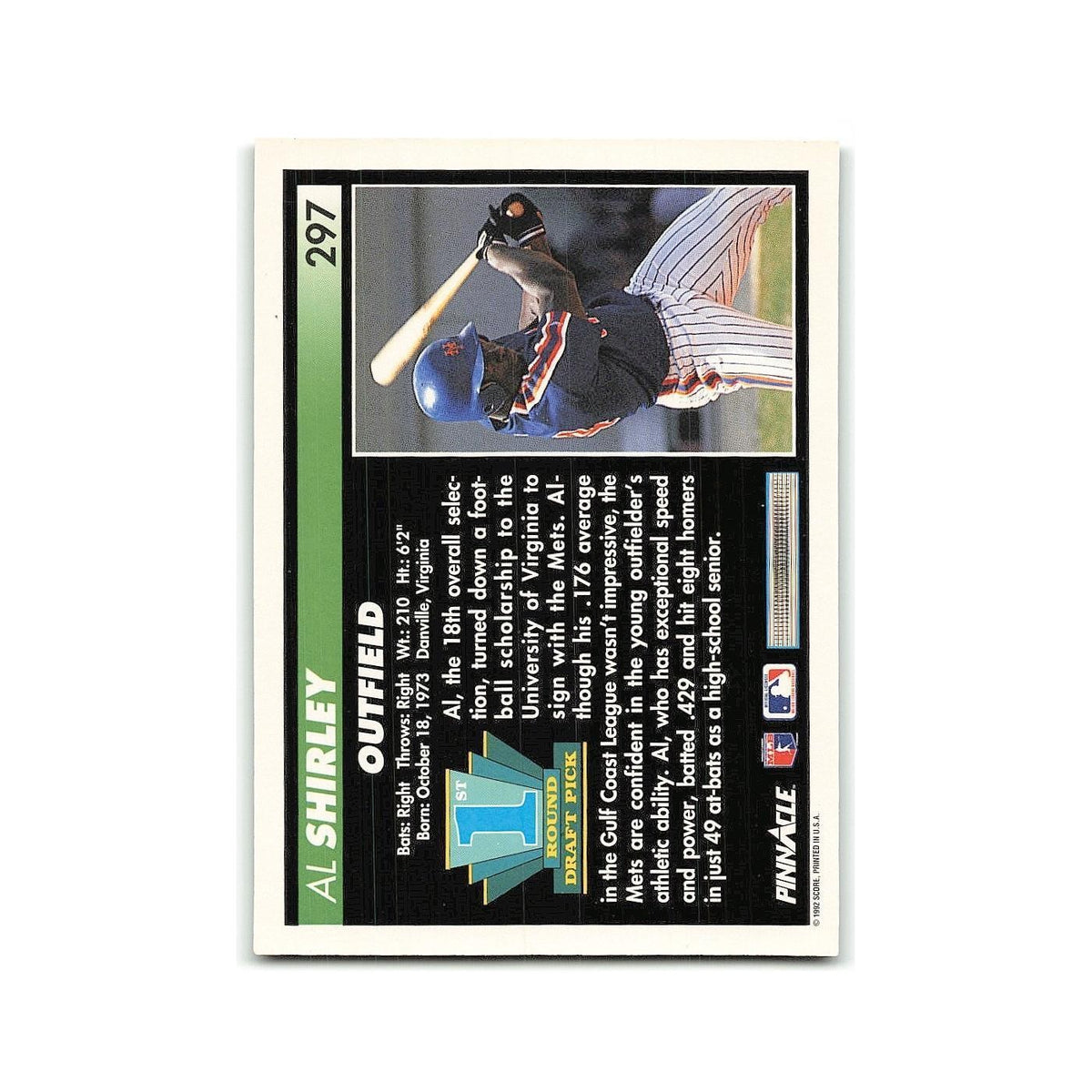 Al Shirley Rookie 1992 Pinnacle #297 New York Mets Baseball Card NM