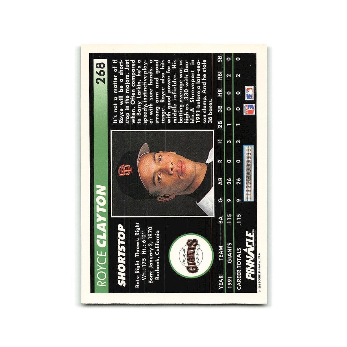 Royce Clayton Rookie 1992 Pinnacle #268 San Francisco Giants Baseball Card NM