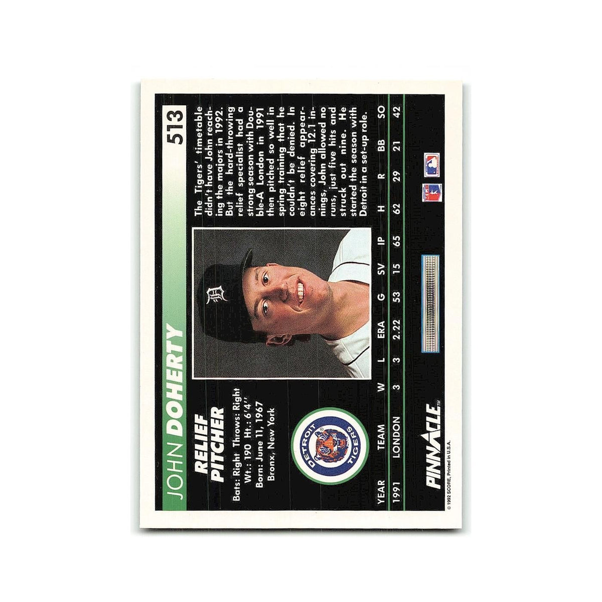 John Doherty Rookie 1992 Pinnacle #513 Detroit Tigers Baseball Card NM