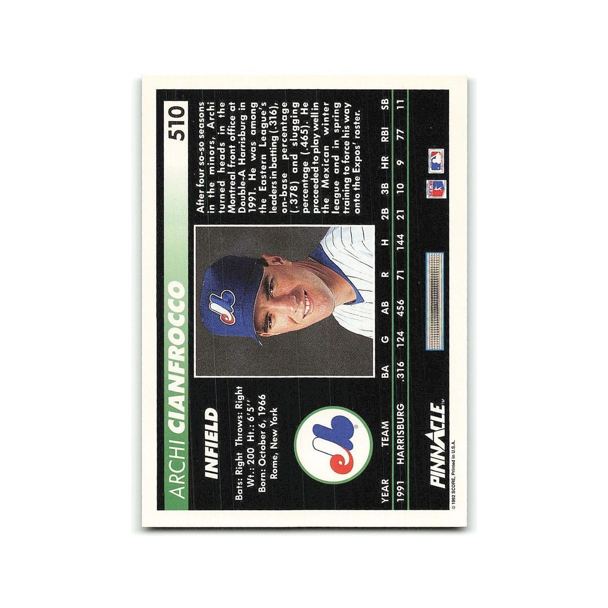 Archi Cianfrocco Rookie 1992 Pinnacle #510 Montreal Expos Baseball Card NM