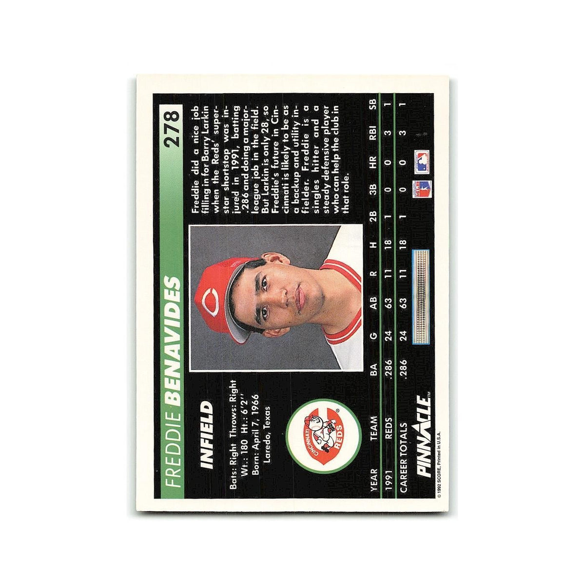 Freddie Benavides Rookie 1992 Pinnacle #278 Cincinnati Reds Baseball Card NM