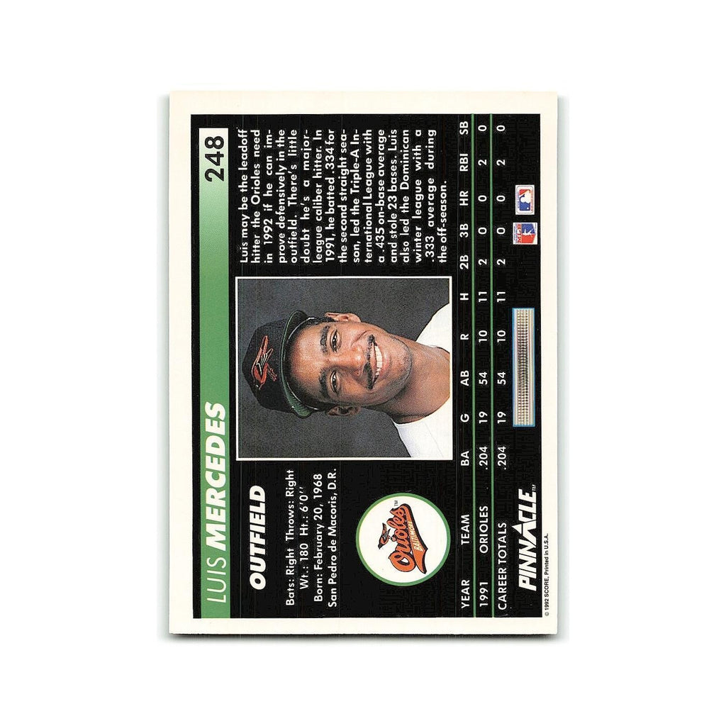 Luis Mercedes Rookie 1992 Pinnacle #248 Baltimore Orioles Baseball Card NM