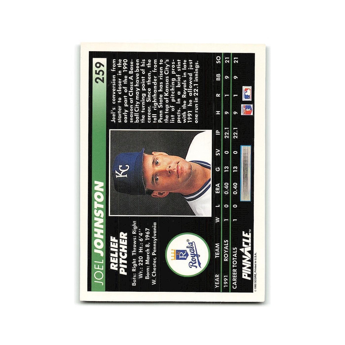 Joel Johnston Rookie 1992 Pinnacle #259 Kansas City Royals Baseball Card NM