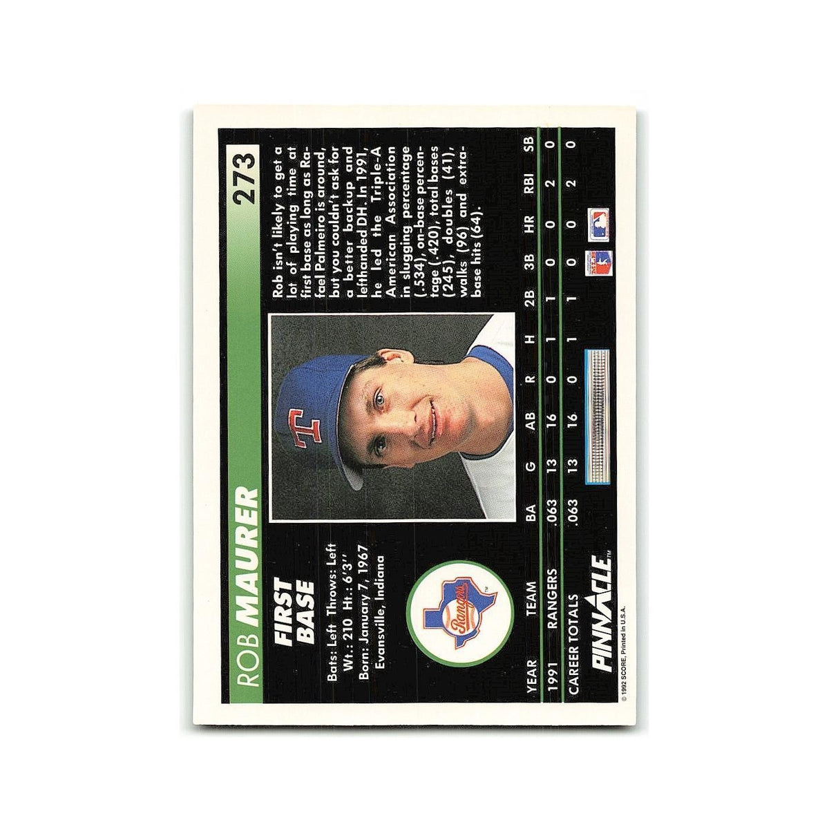 Rob Maurer Rookie 1992 Pinnacle #273 Texas Rangers Baseball Card NM