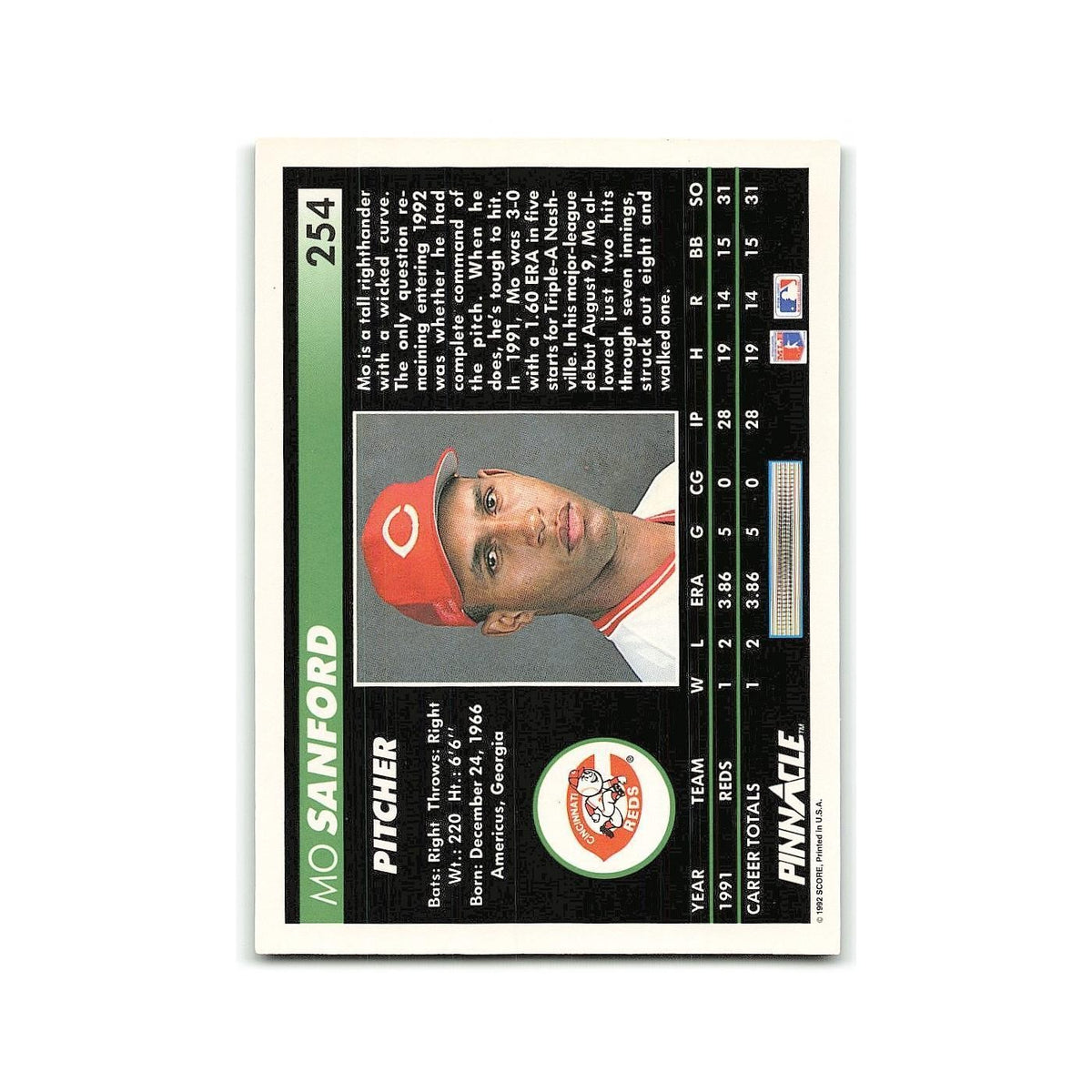 Mo Sanford Rookie 1992 Pinnacle #254 Cincinnati Reds Baseball Card NM