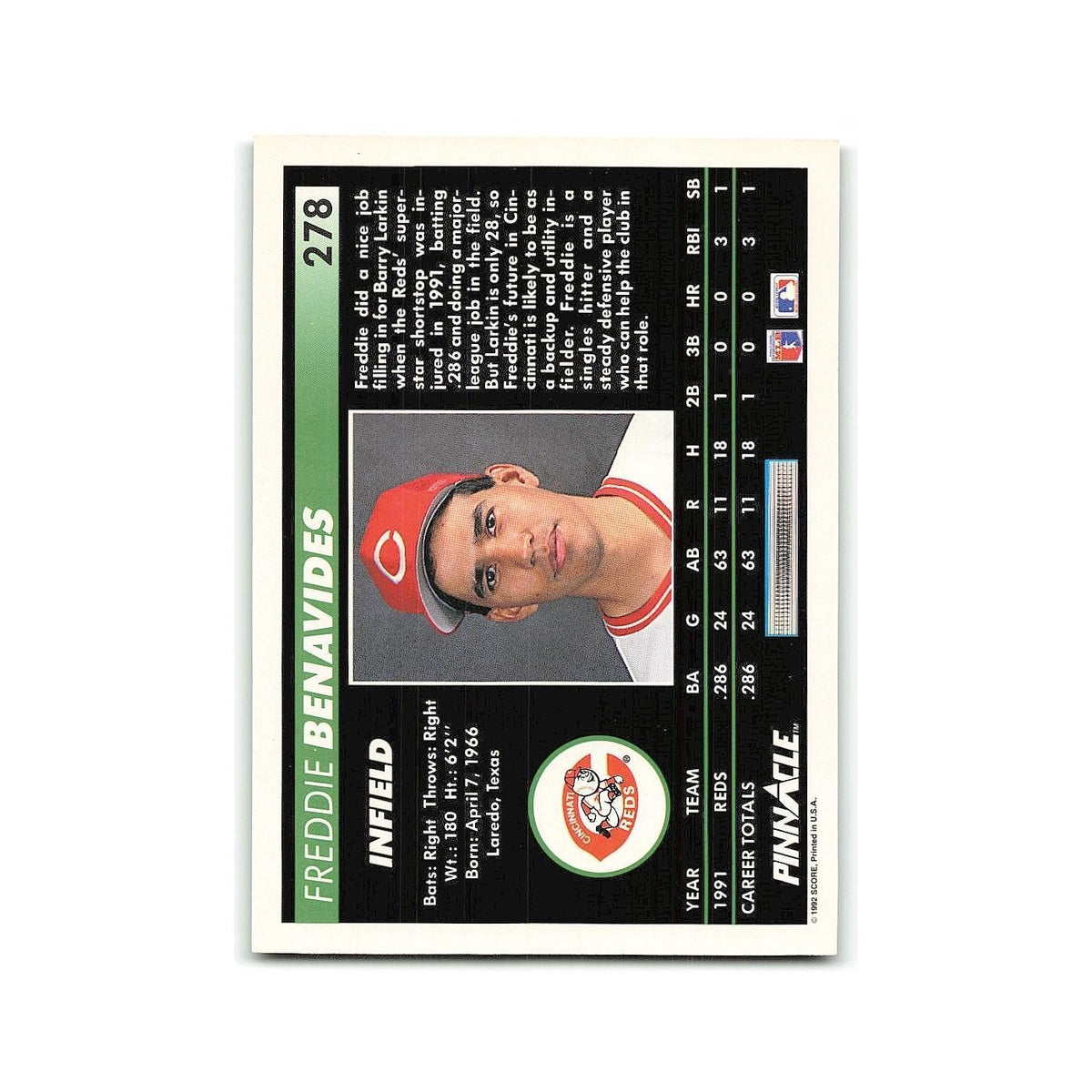 Freddie Benavides Rookie 1992 Pinnacle #278 Cincinnati Reds Baseball Card NM