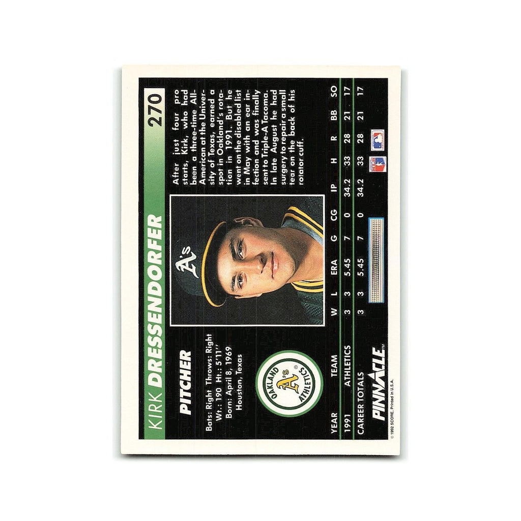 Kirk Dressendorfer Rookie 1992 Pinnacle #270 Oakland Athletics Baseball Card NM