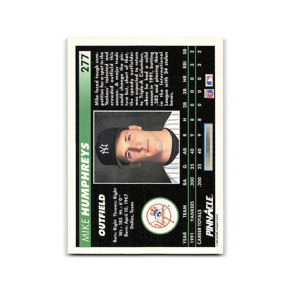 Mike Humphreys Rookie 1992 Pinnacle #277 New York Yankees Baseball Card NM