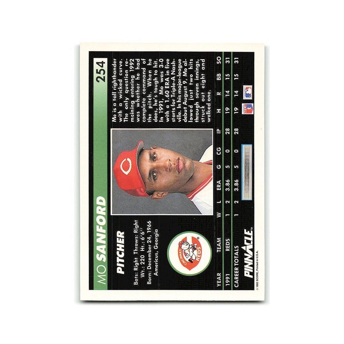 Mo Sanford Rookie 1992 Pinnacle #254 Cincinnati Reds Baseball Card NM