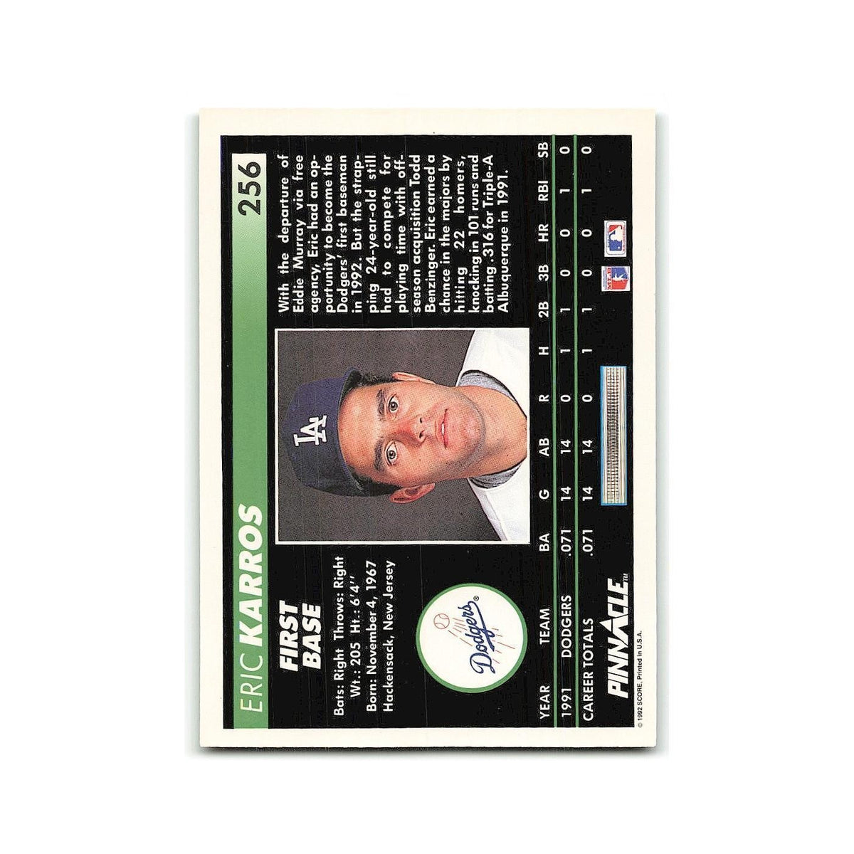 Eric Karros Rookie 1992 Pinnacle #256 Los Angeles Dodgers Baseball Card NM