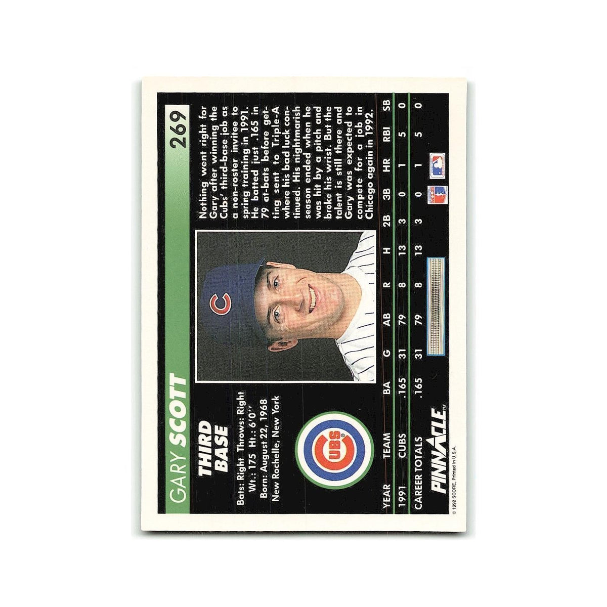 Gary Scott Rookie 1992 Pinnacle #269 Chicago Cubs Baseball Card NM