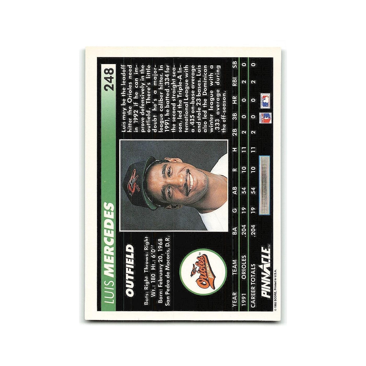 Luis Mercedes Rookie 1992 Pinnacle #248 Baltimore Orioles Baseball Card NM