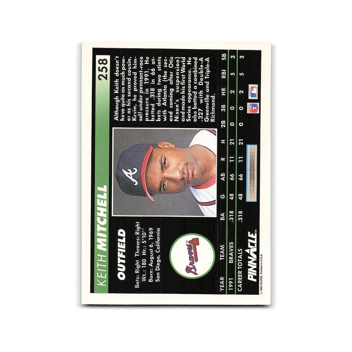 Keith Mitchell Rookie 1992 Pinnacle #258 Atlanta Braves Baseball Card NM