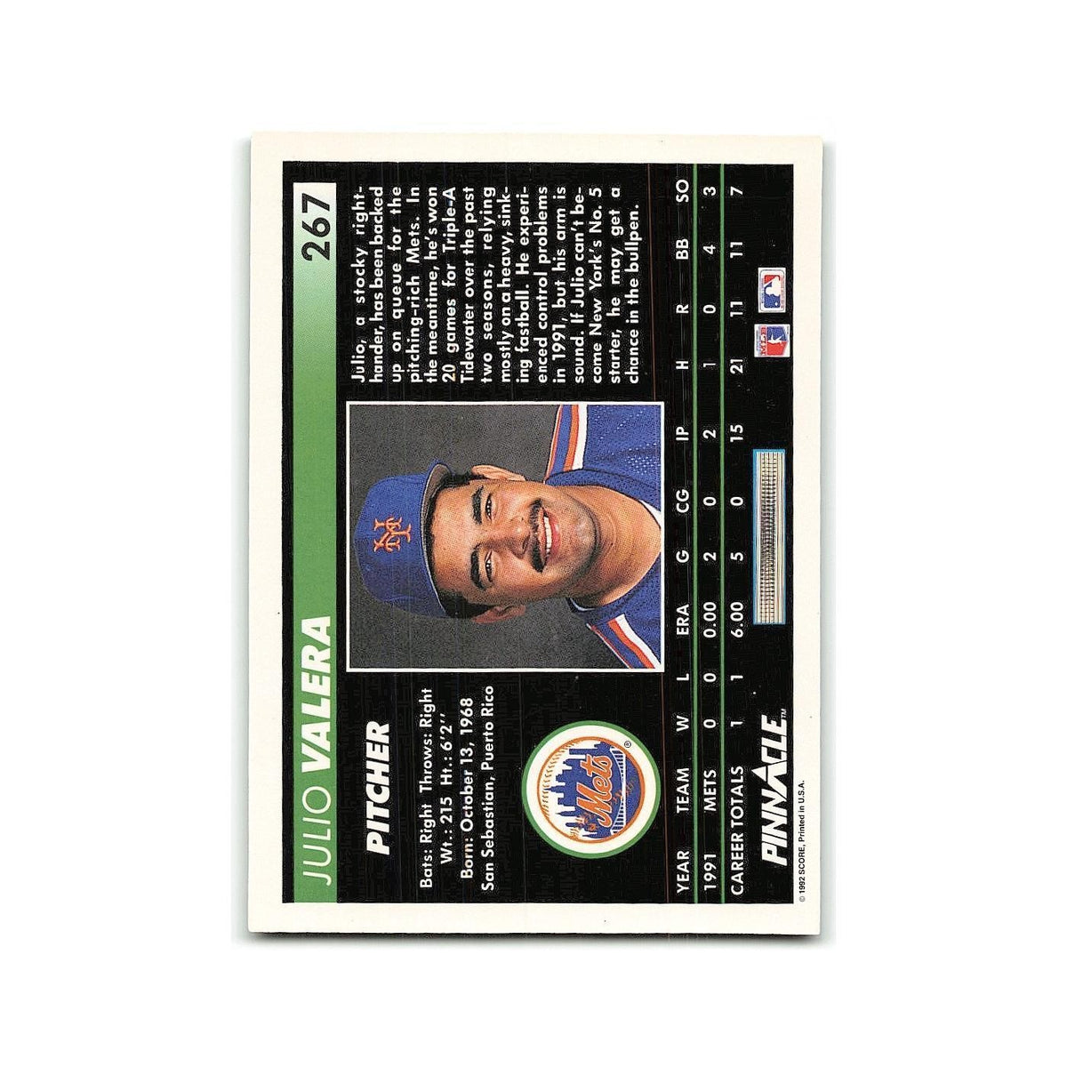 Julio Valera Rookie 1992 Pinnacle #267 New York Mets Baseball Card NM