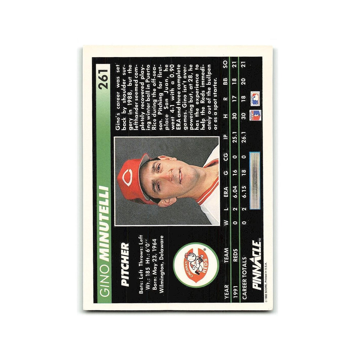 Gino Minutelli Rookie 1992 Pinnacle #261 Cincinnati Reds Baseball Card NM