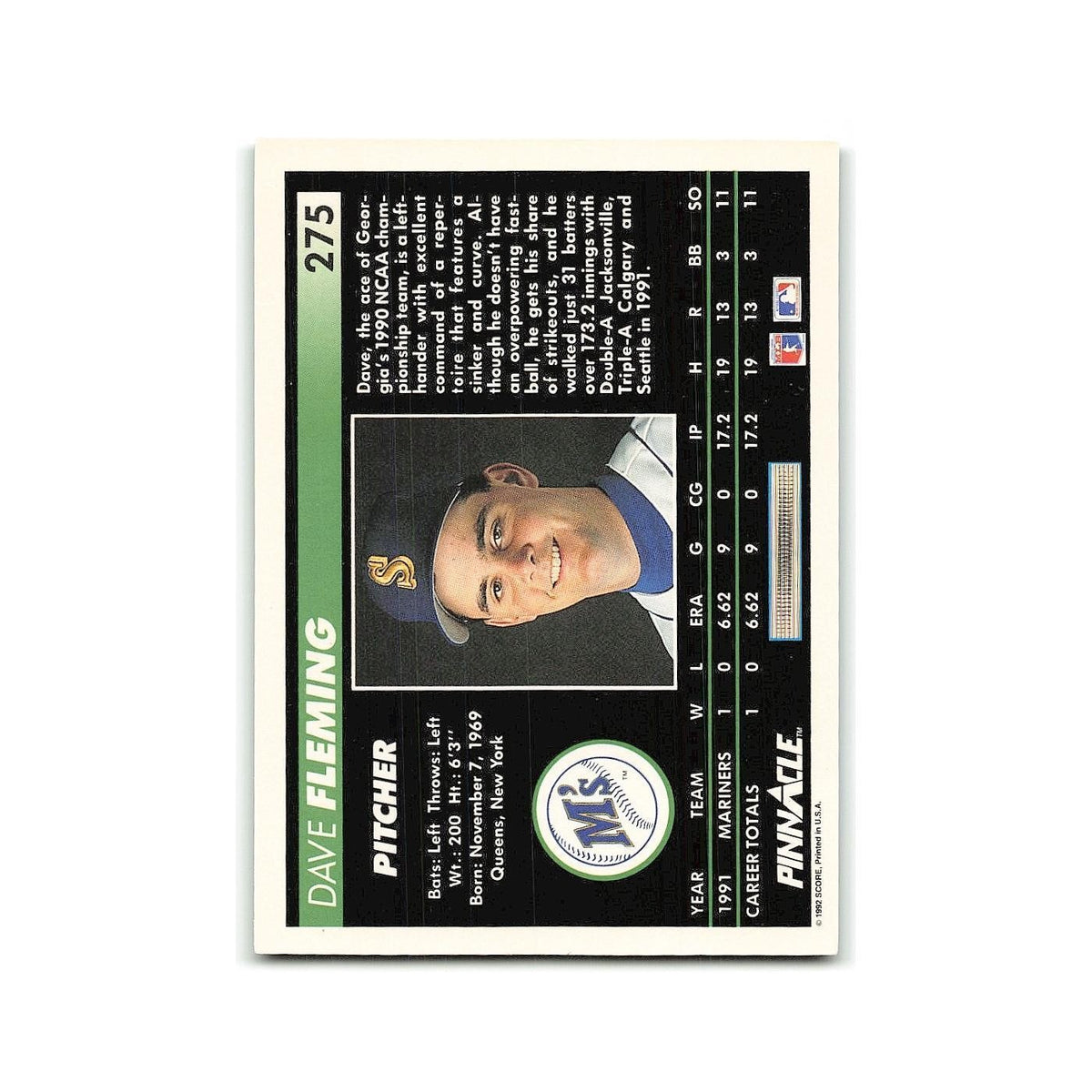 Dave Fleming Rookie 1992 Pinnacle #275 Seattle Mariners Baseball Card NM