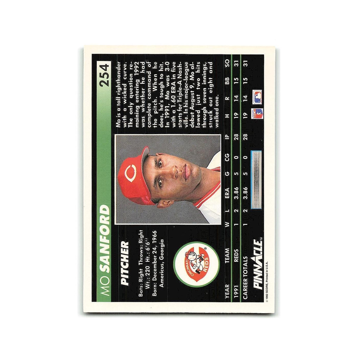 Mo Sanford Rookie 1992 Pinnacle #254 Cincinnati Reds Baseball Card NM