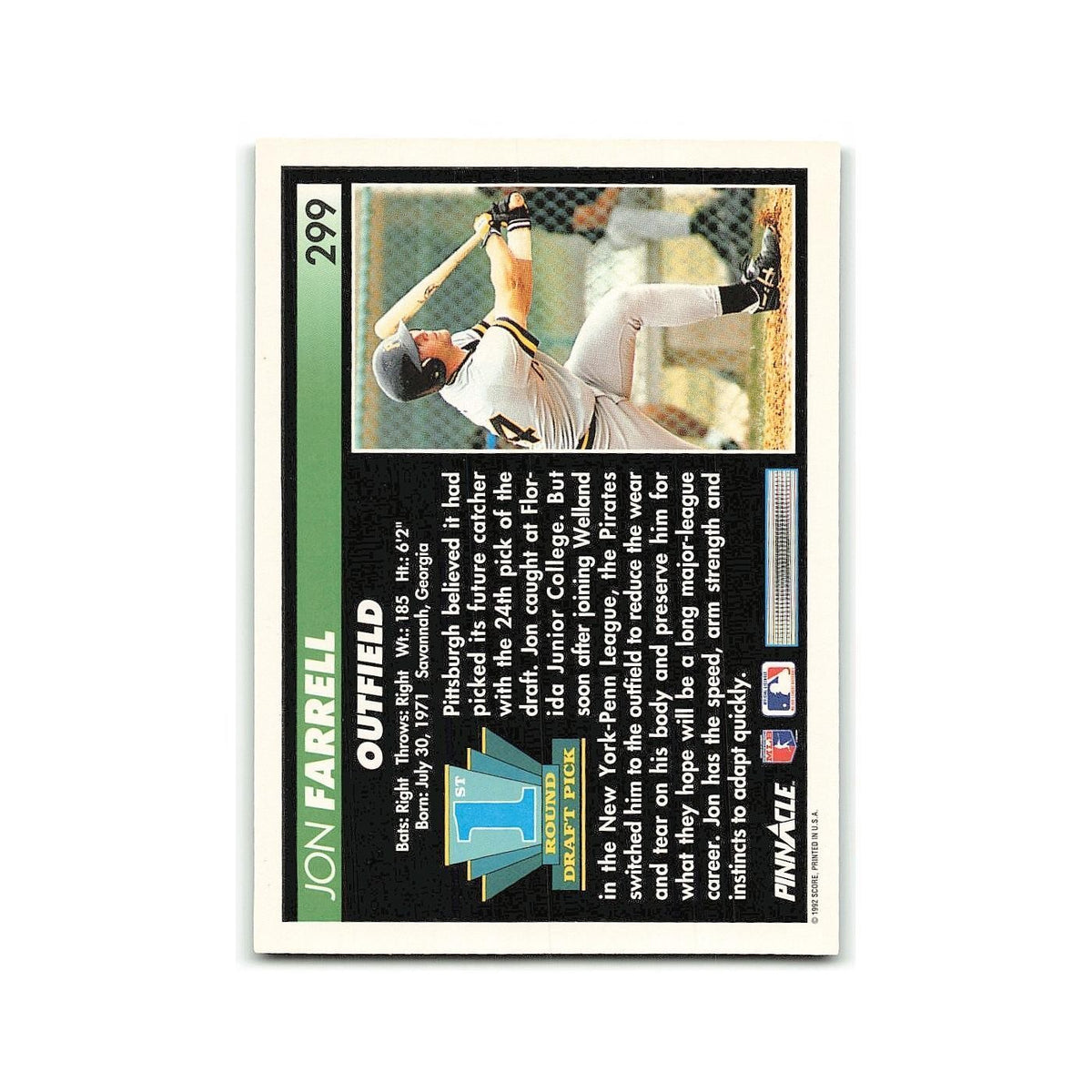 Jon Farrell Rookie 1992 Pinnacle #299 Pittsburgh Pirates Baseball Card NM