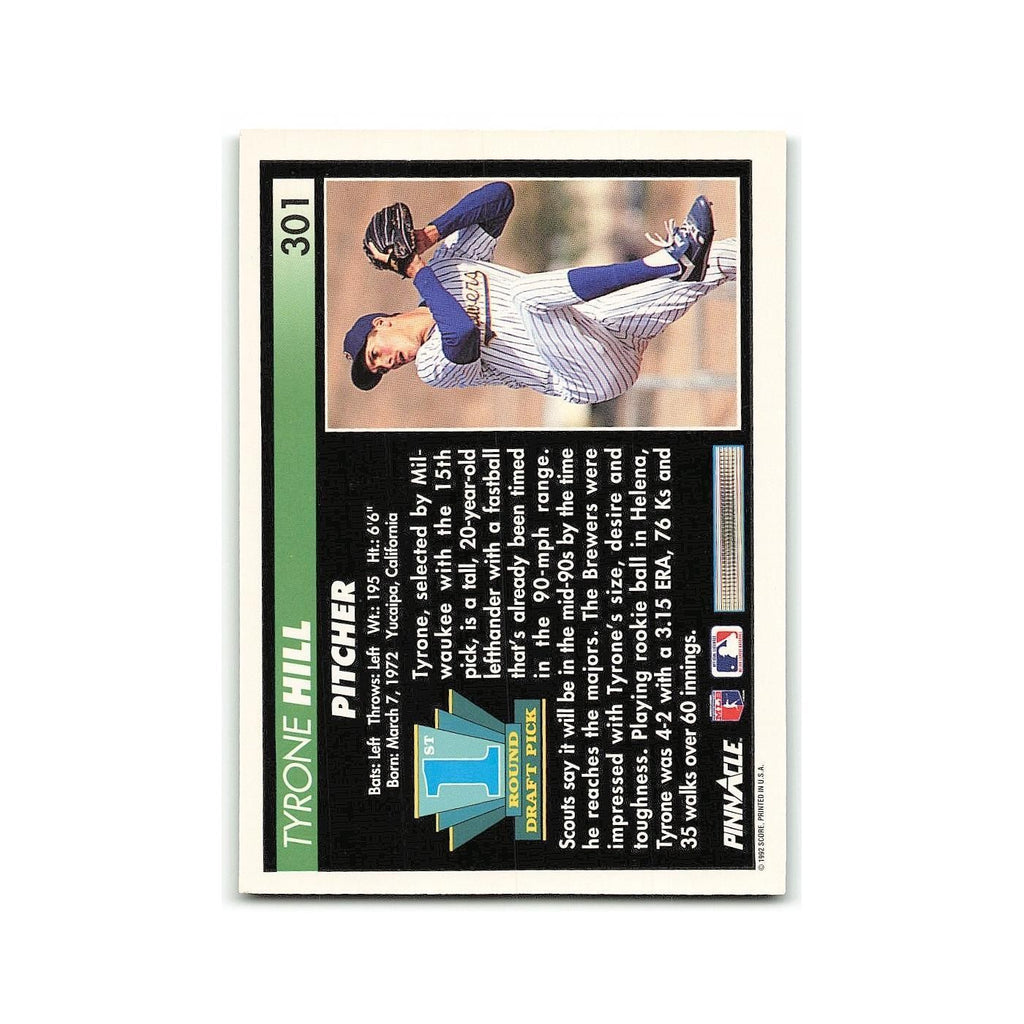 Tyrone Hill Rookie 1992 Pinnacle #301 Milwaukee Brewers Baseball Card NM