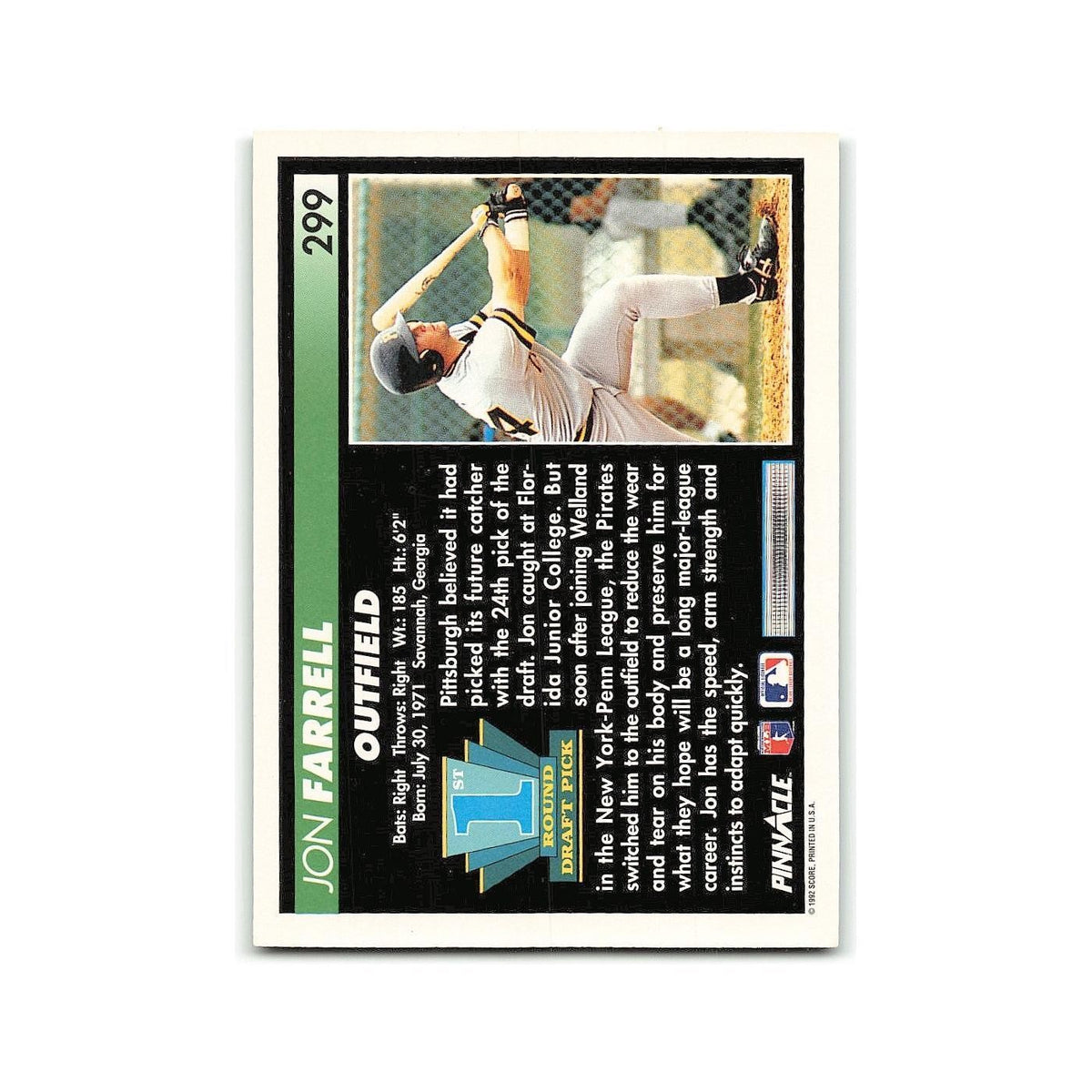 Jon Farrell Rookie 1992 Pinnacle #299 Pittsburgh Pirates Baseball Card NM