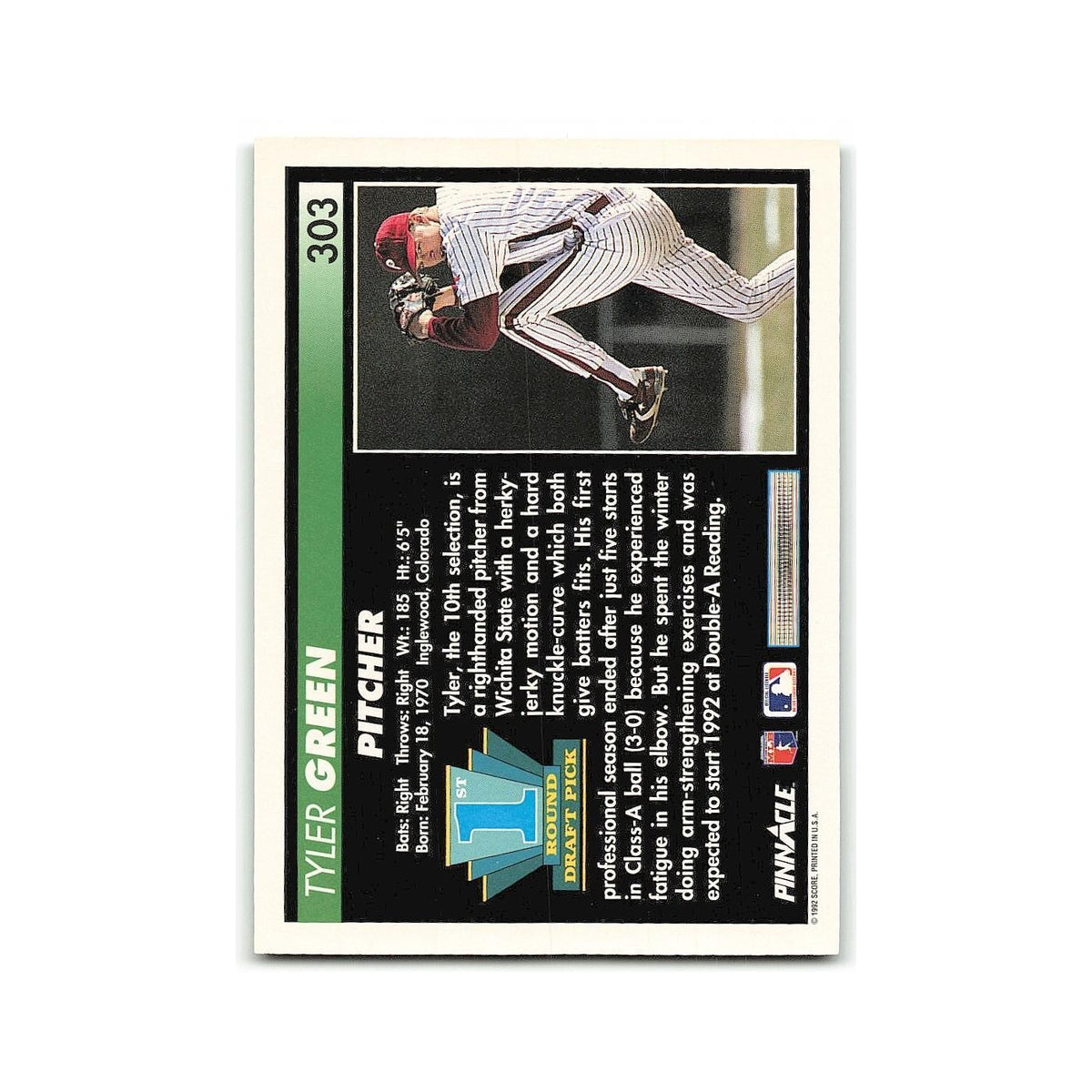 Tyler Green Rookie 1992 Pinnacle #303 Philadelphia Phillies Baseball Card NM